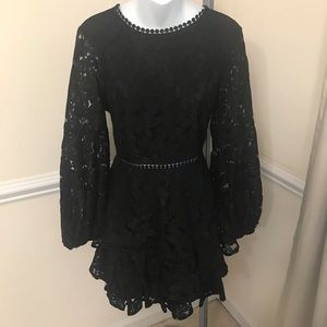 Saints + Secrets brocade sleeve lace ruffle dress